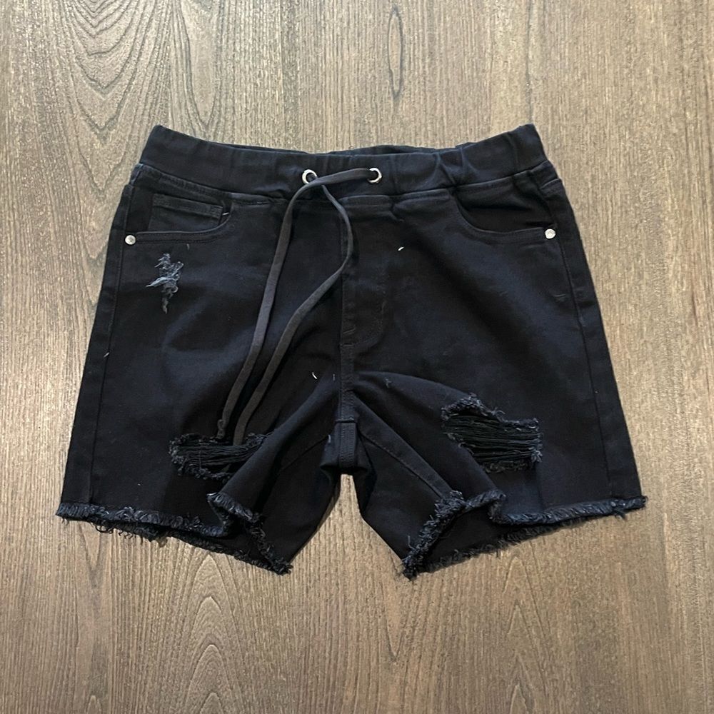 NWOT Guess Black Distressed Denim Shorts Drawstring Size M